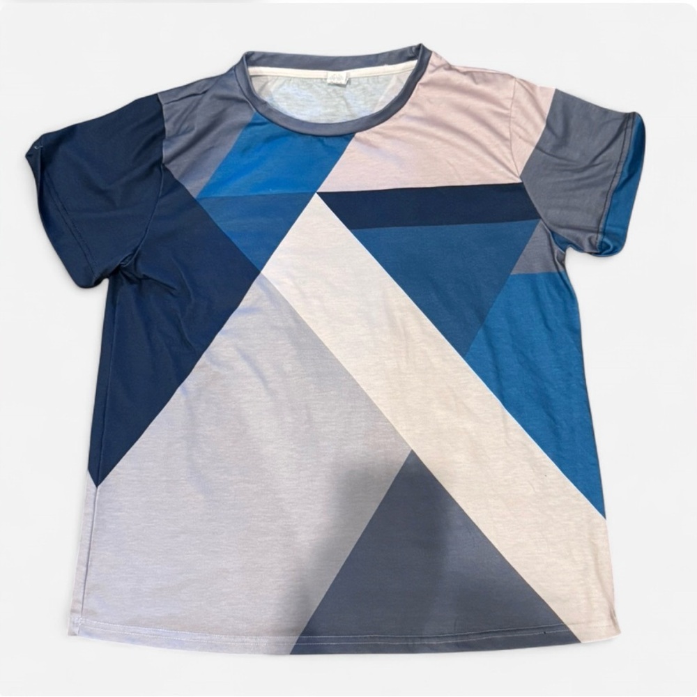 Pixie Lady Geometric Print Top Blue Gray Stretchy Tee Size M